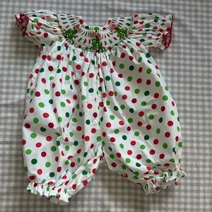 Polka Dot Smocked Romper with Christmas Tree Embroidery